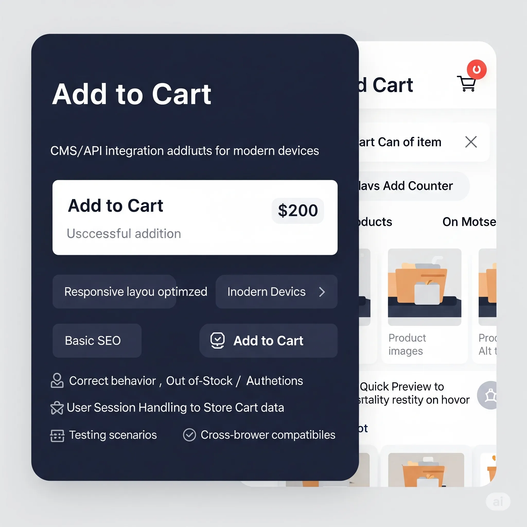 mobile preview of add-to-cart module with animated notification popup for successful product addition