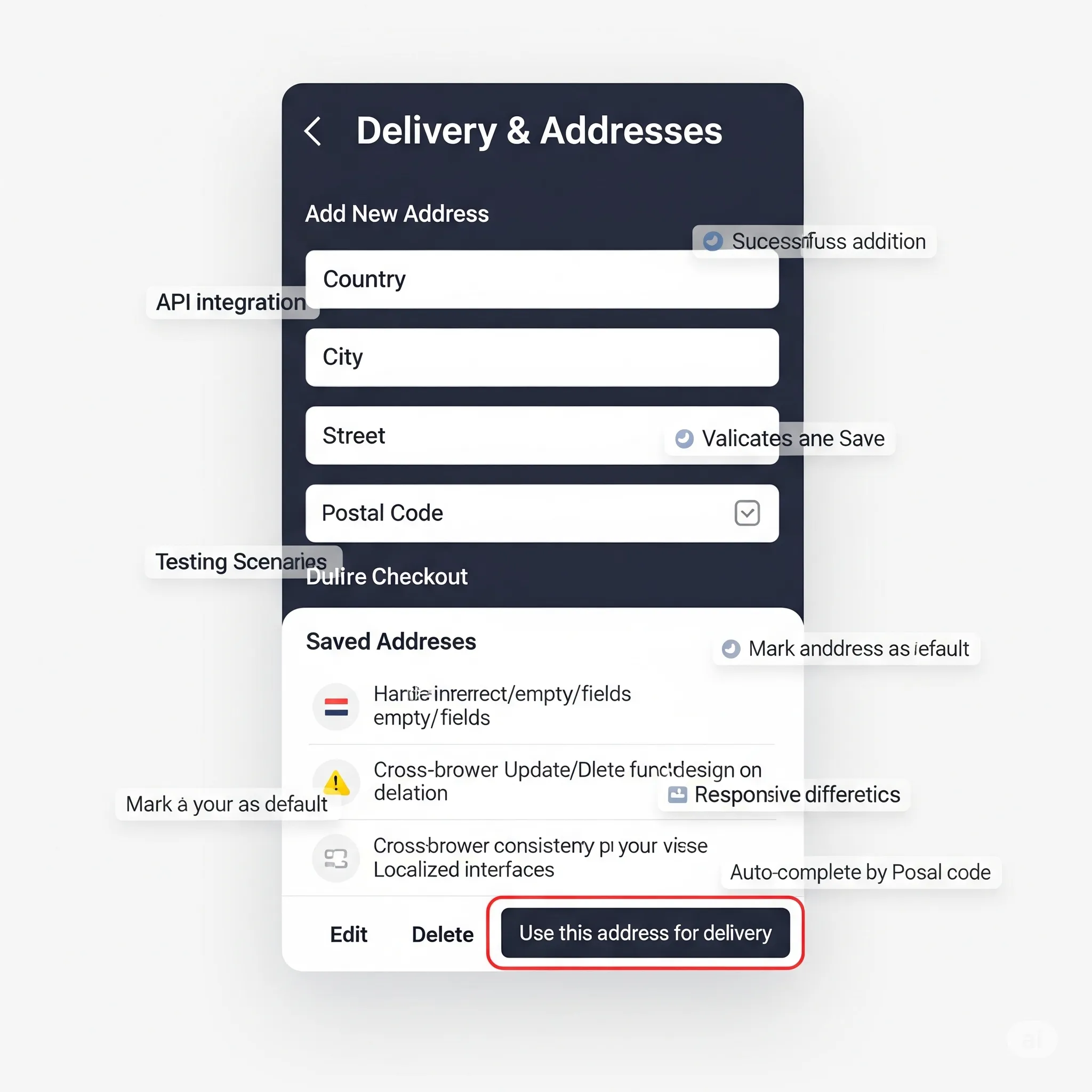 mobile UI showing animated success notification after saving new shipping address