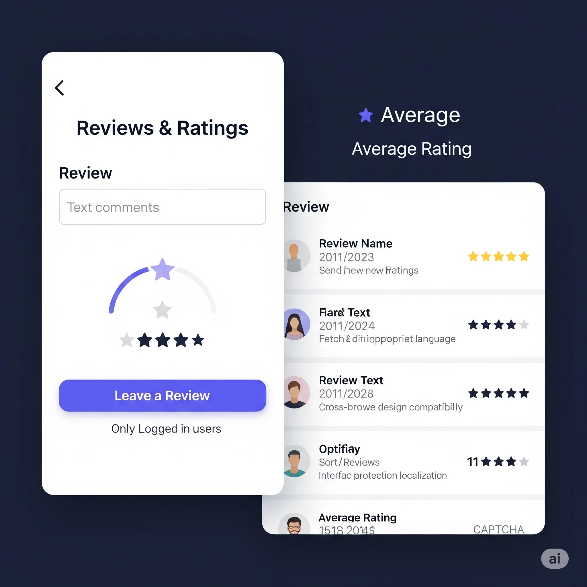 mobile preview of user feedback card showing name, date, star rating, and review text with smooth UI transition