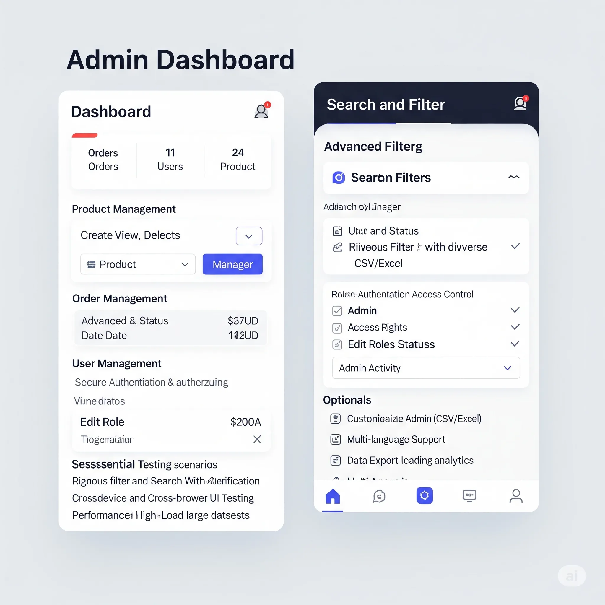 mobile-optimized summary dashboard with quick stats on users, orders, and inventory