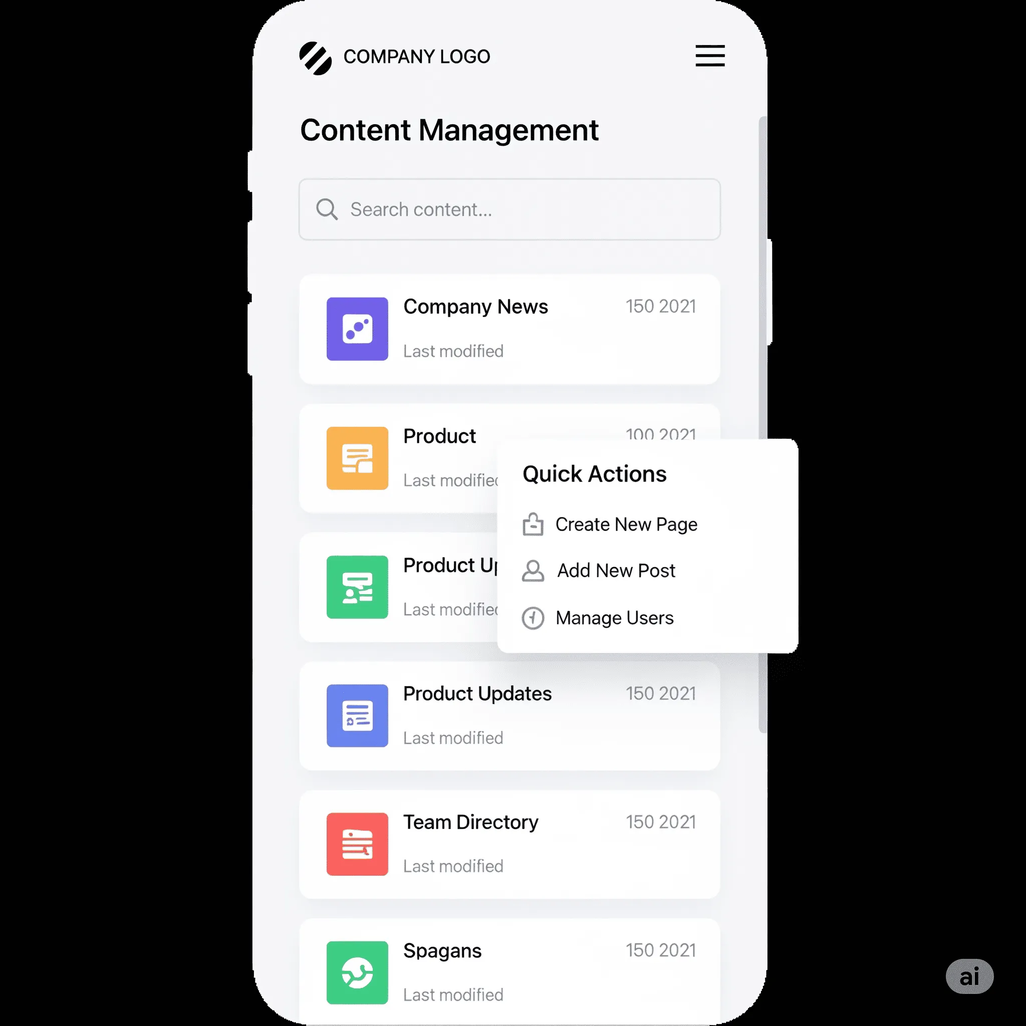 mobile view of admin panel quick action menu for fast content and user management