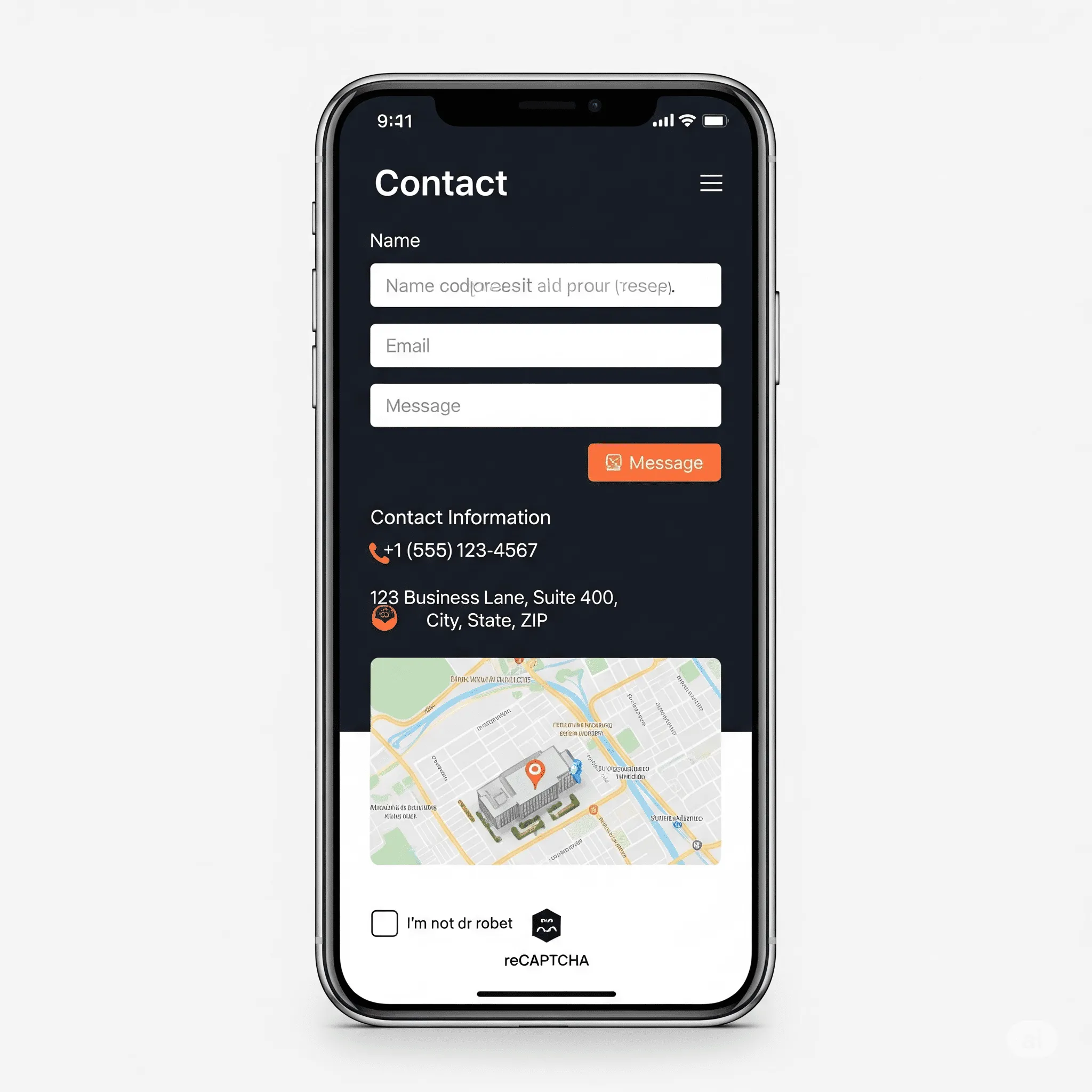 mobile preview of contact page form showing real-time field validation and error messages
