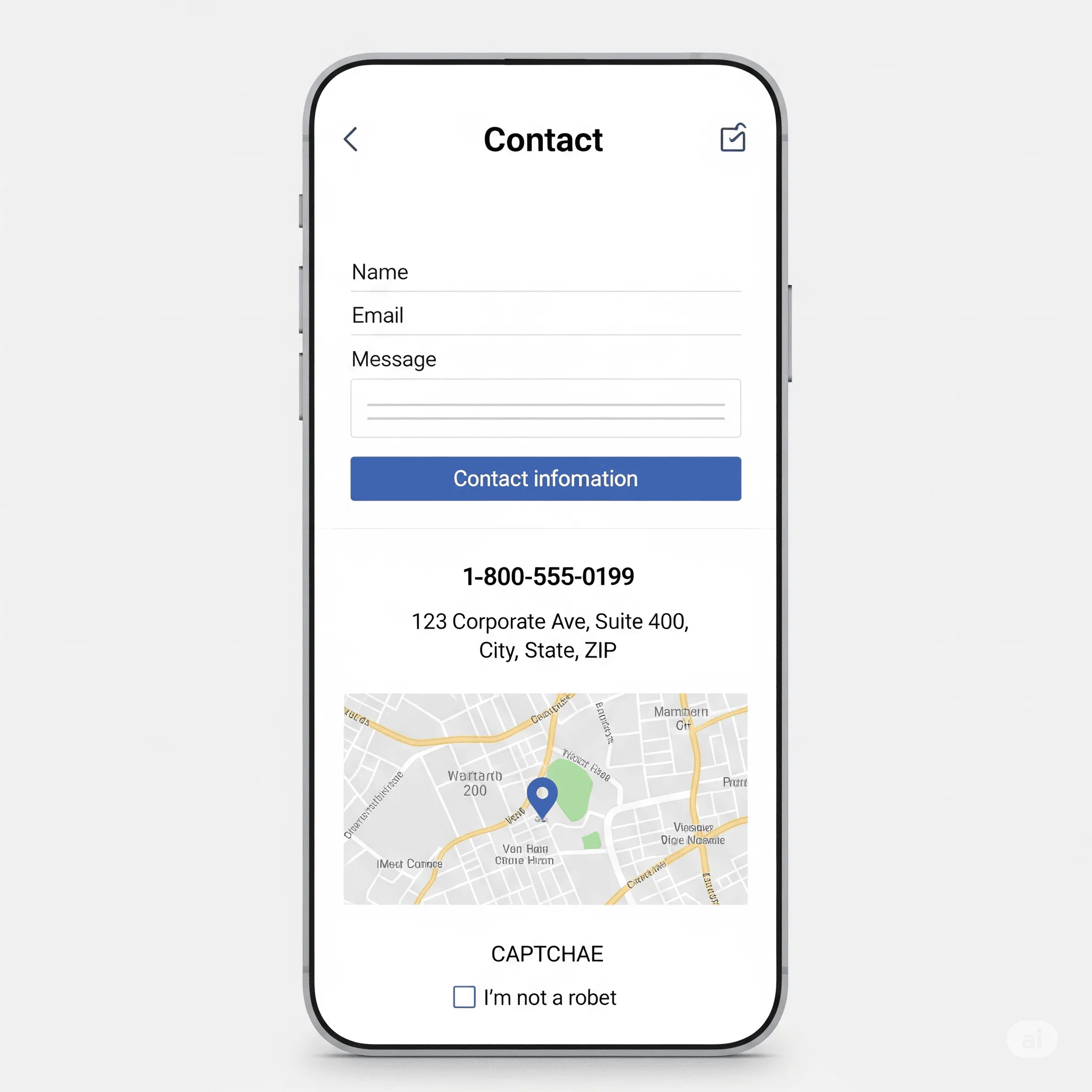 mobile view of contact page showing interactive map and quick contact details