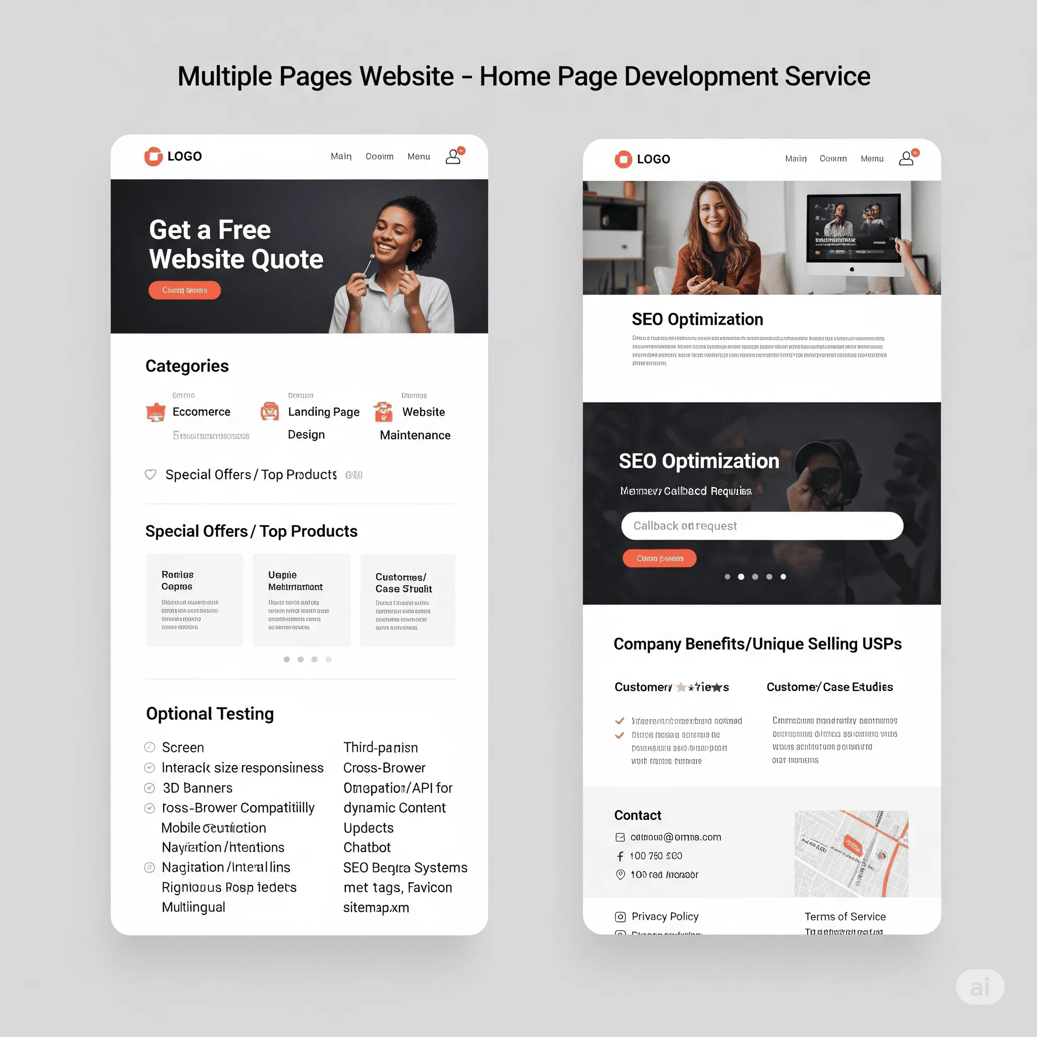 mobile screenshot of homepage featuring advantages list, client reviews, and contact form section