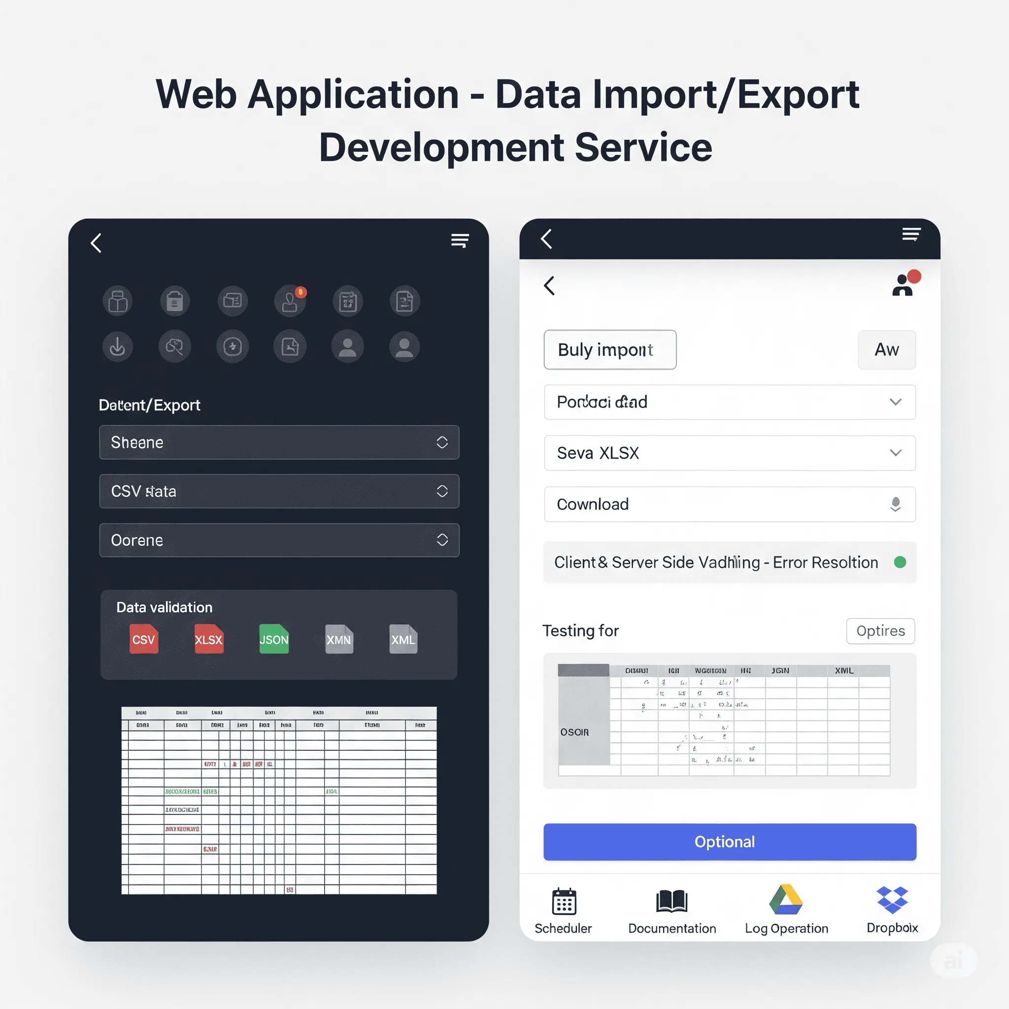 mobile interface guiding user through step-by-step data import process with upload and mapping