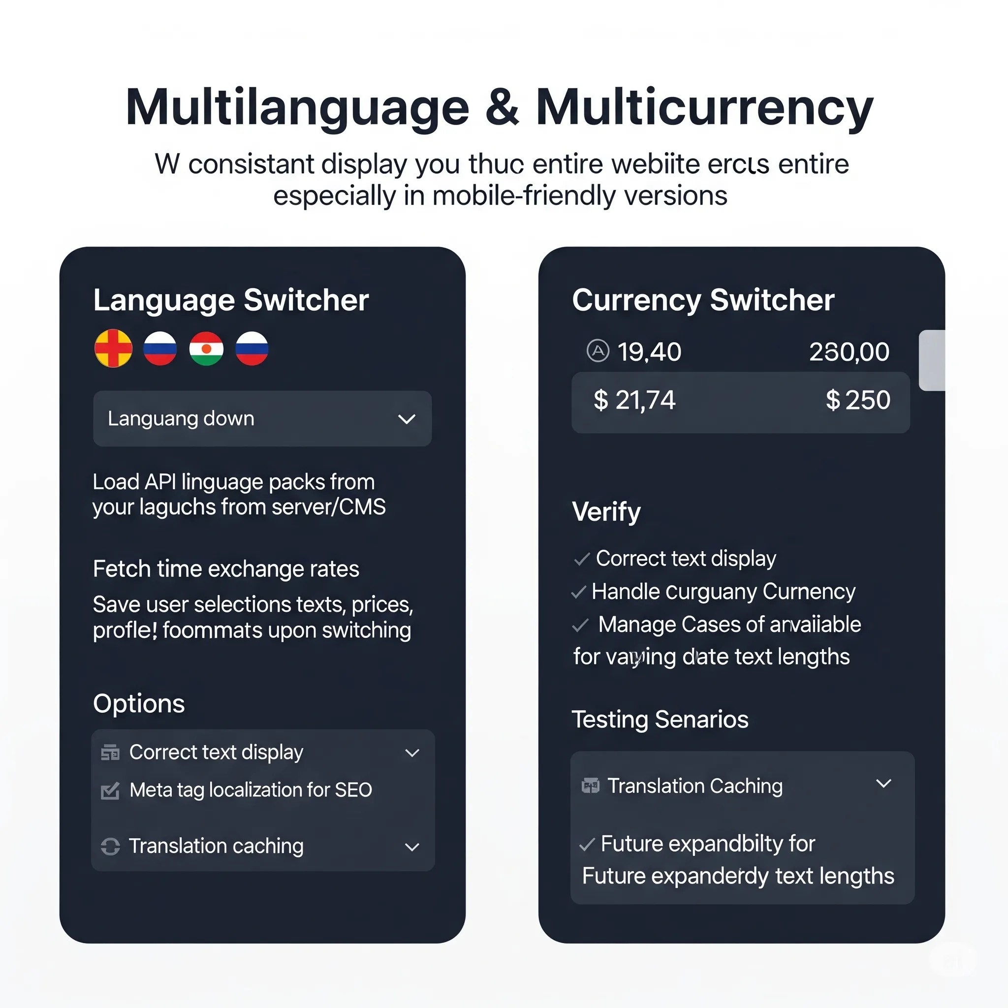 mobile view of language and currency switchers optimized for small screens with touch controls