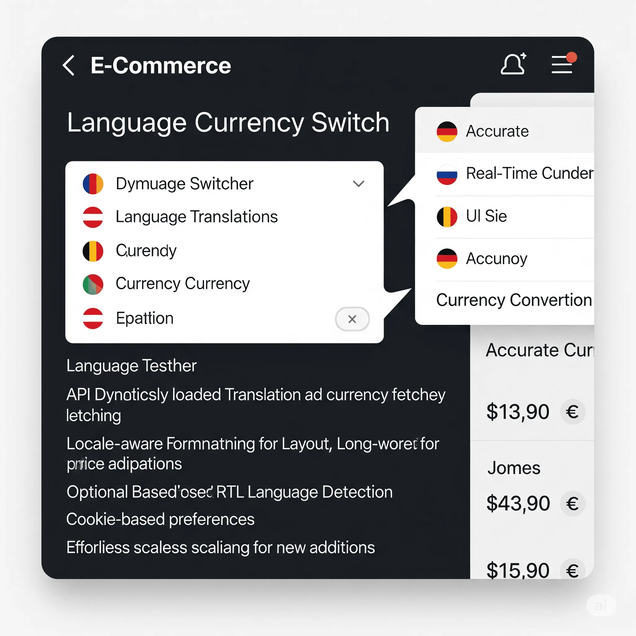 mobile interface displaying localized text blocks in selected language with clean layout