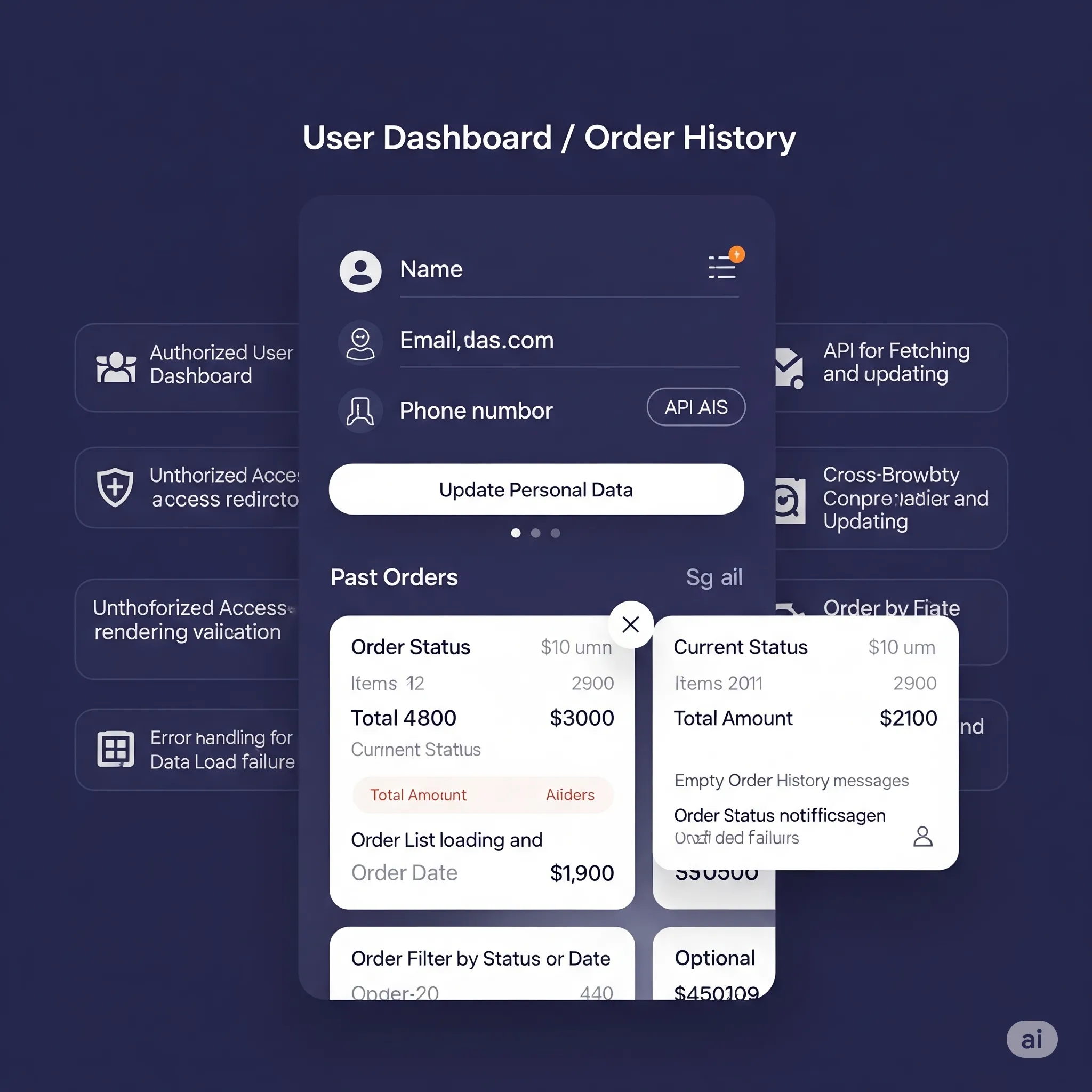 mobile layout of order history module showing scrollable order list with statuses and dates