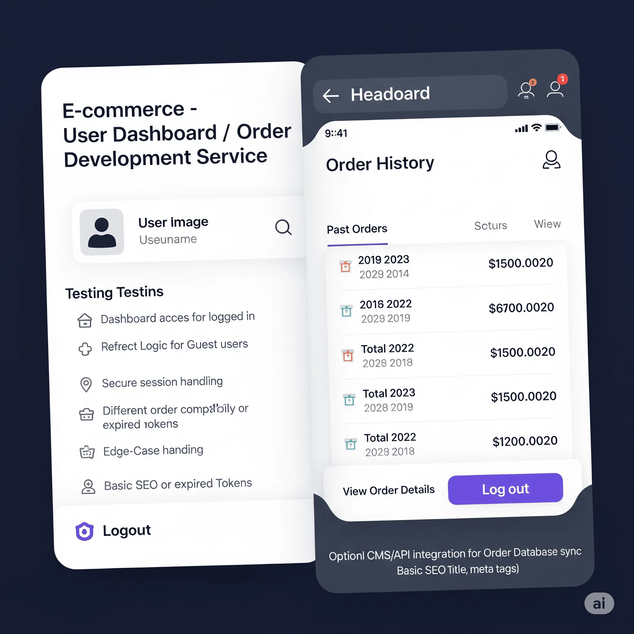 mobile preview of order history displayed as a scrollable list with dates and statuses