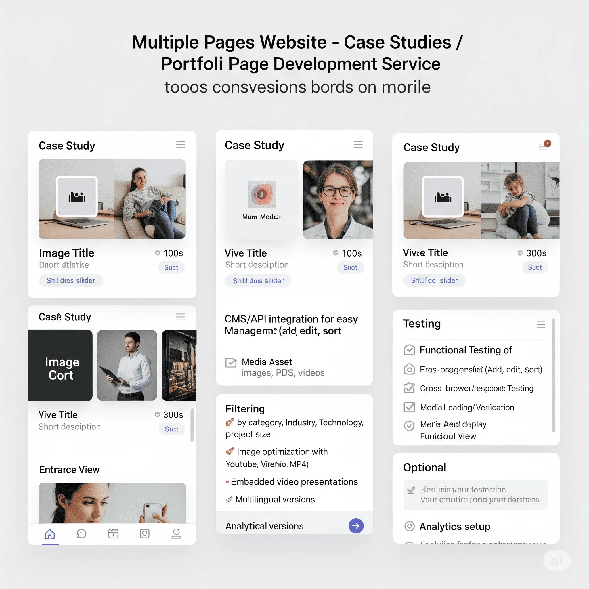 mobile version of portfolio page displaying case study cards in list view with smooth scrolling