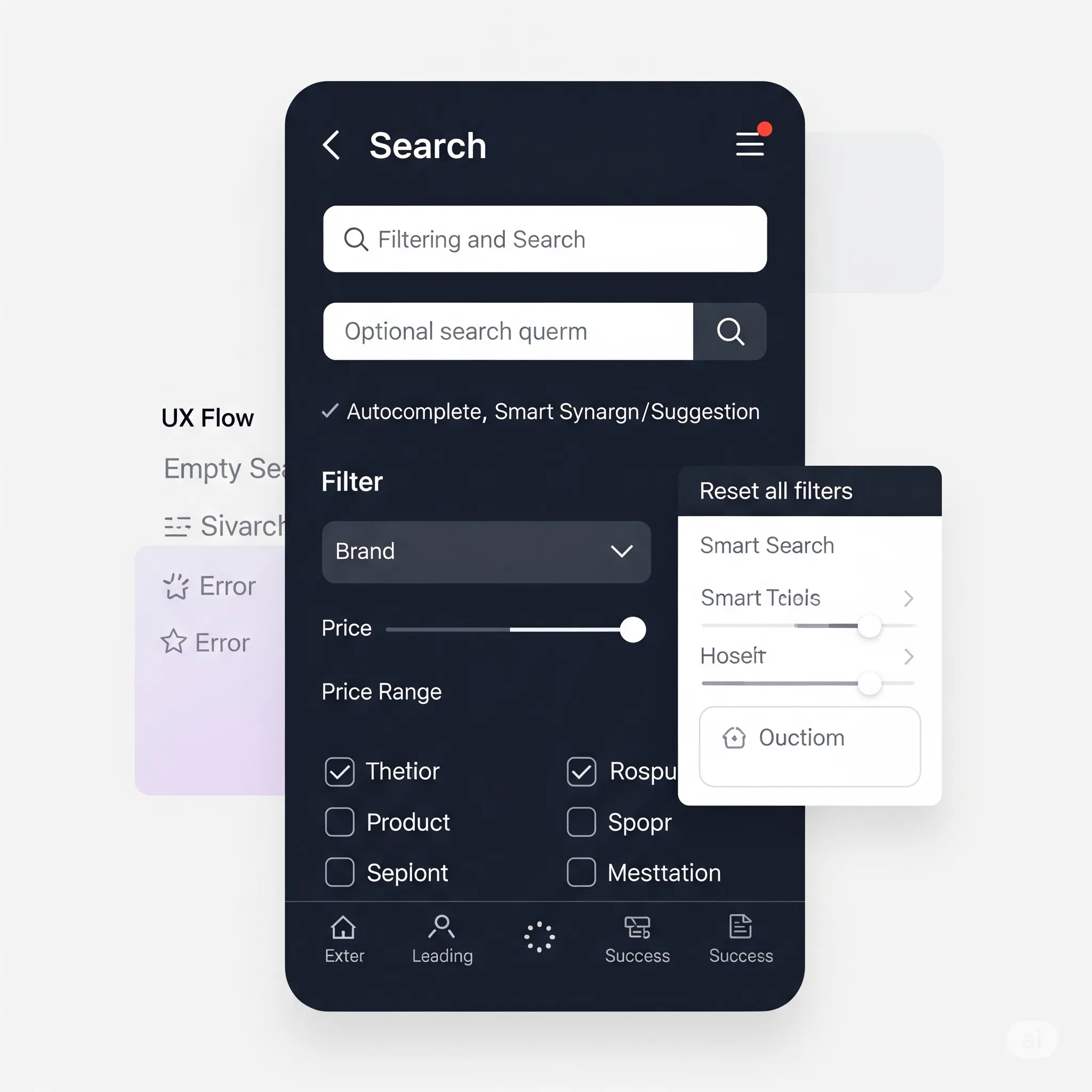 mobile version of filtering and search module with list view, category filters, and smooth pagination