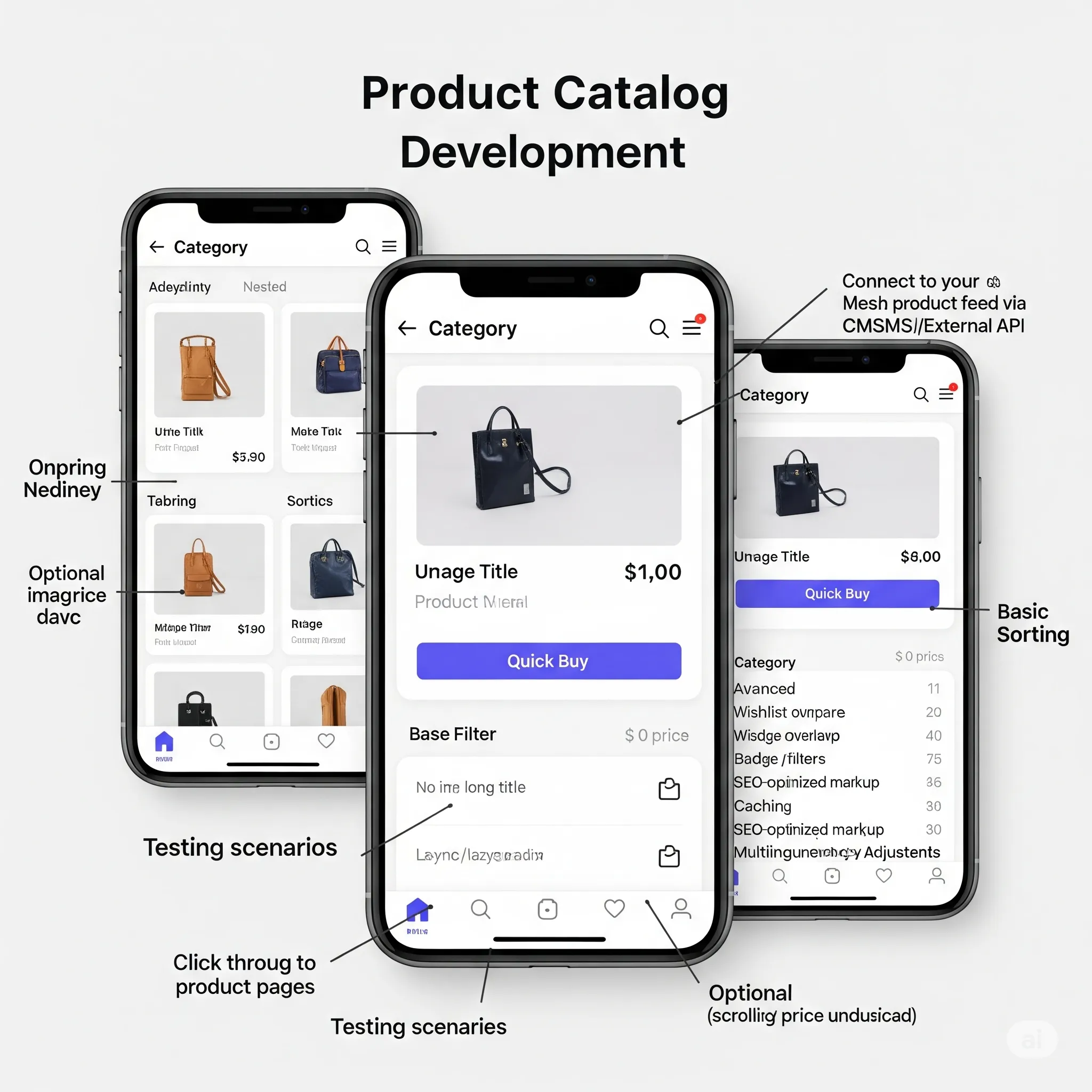 mobile view featuring product cards with quick-buy buttons and pricing badges