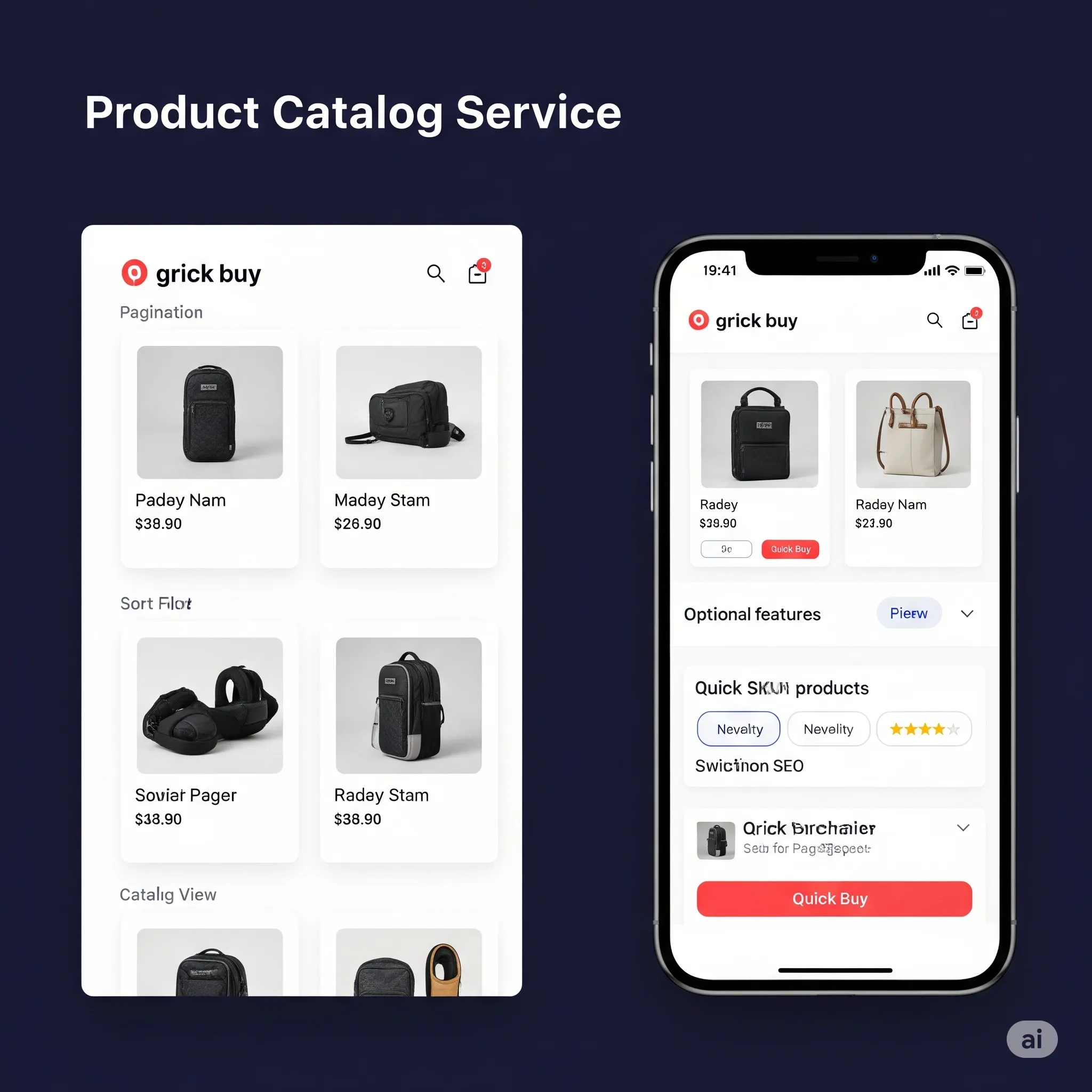 Mobile preview of product catalog showing SKU selection and responsive layout