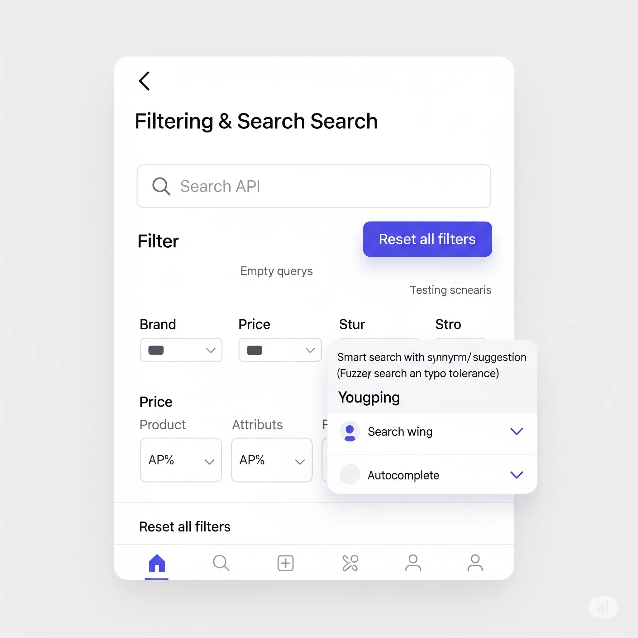 mobile preview of filtering and search module with SKU selection, responsive layout, and quick product search
