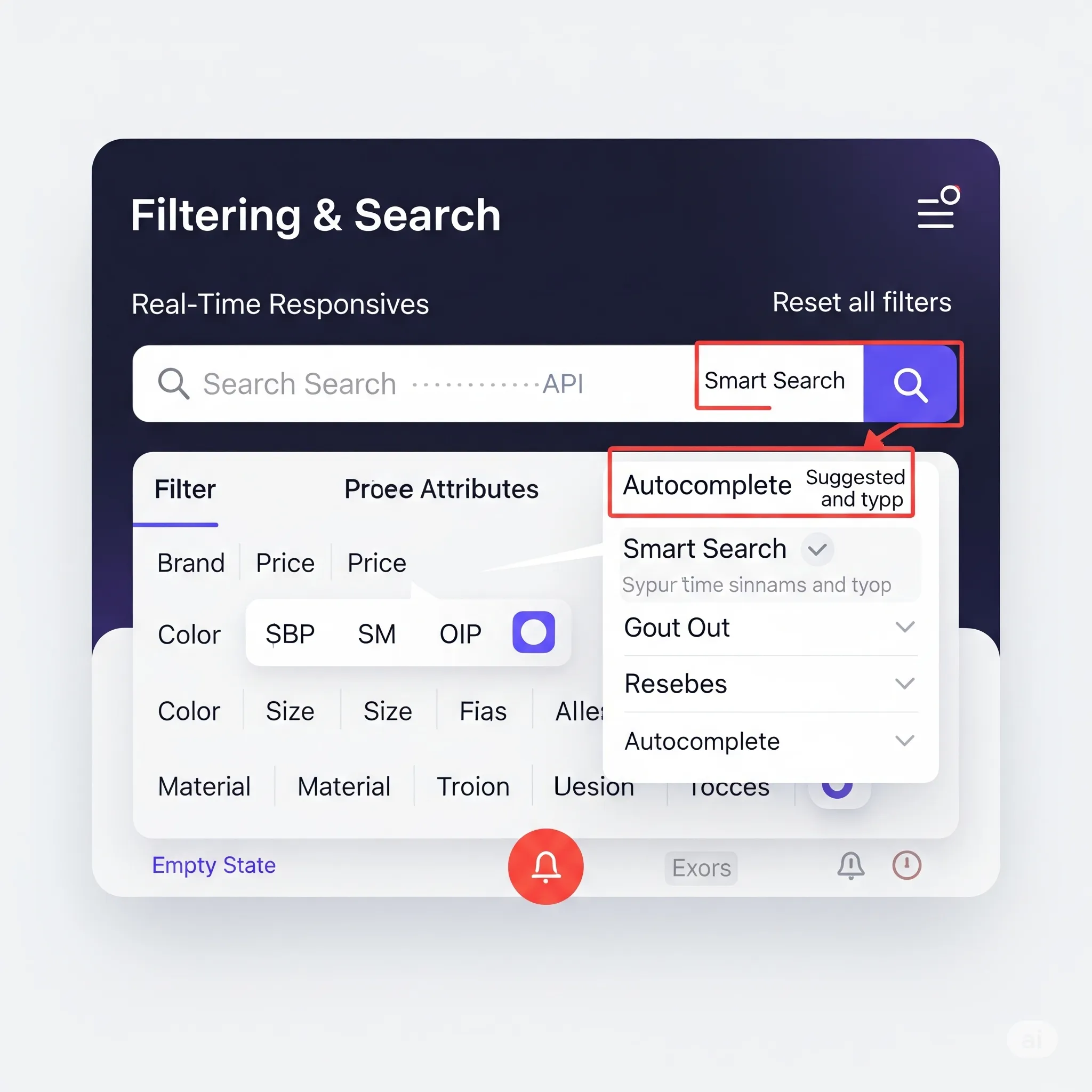 mobile preview of filtering and search module with smart search suggestions, price sort, and fast page load