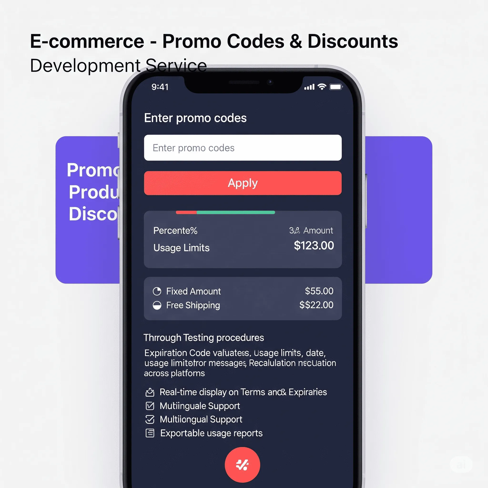 mobile preview showing success banner with discount applied and recalculated cart summary
