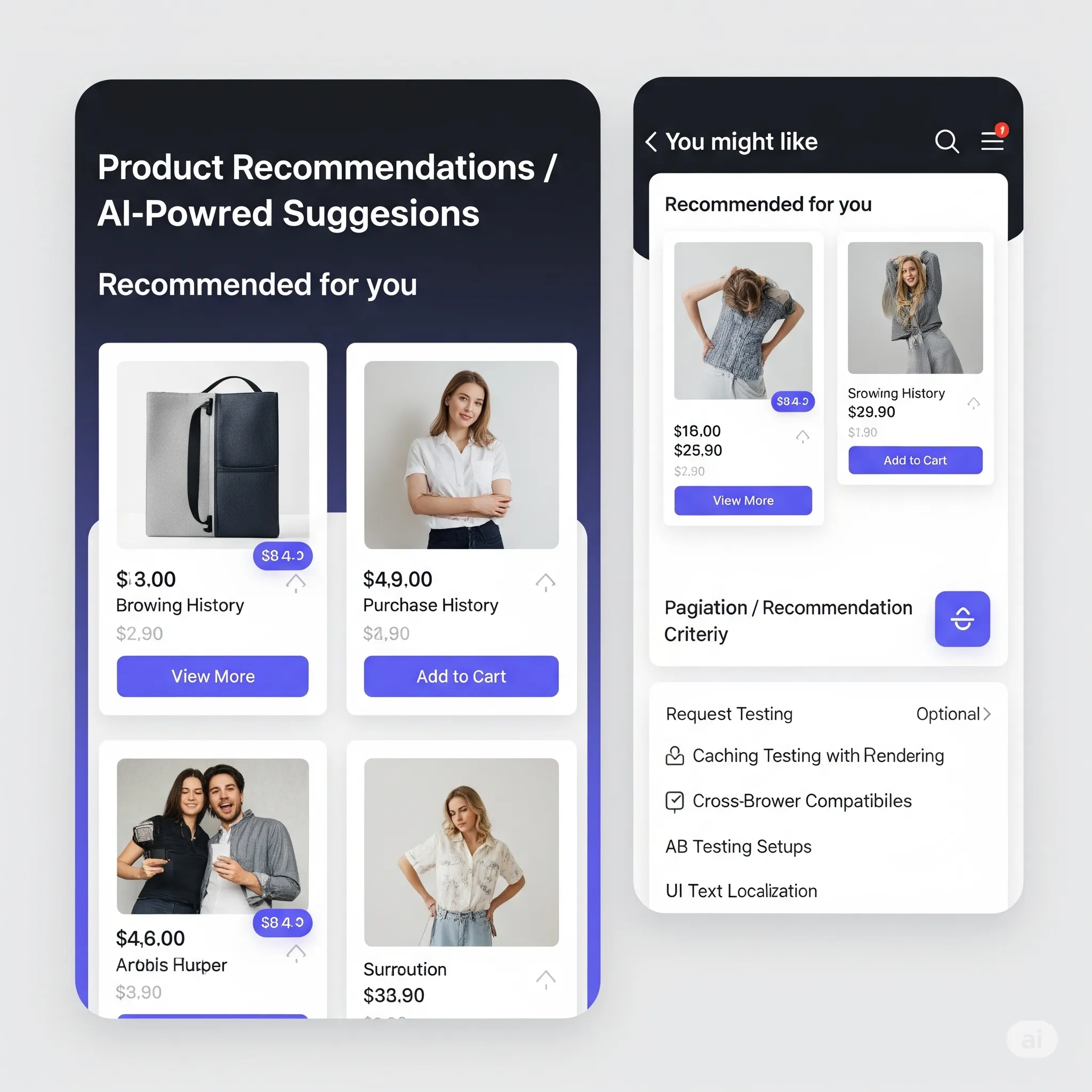 mobile view of horizontally scrollable AI-recommended product cards with smooth slider interaction