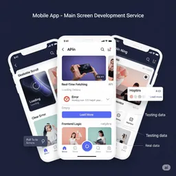 mobile main screen with dynamic card feed loading real-time data from API