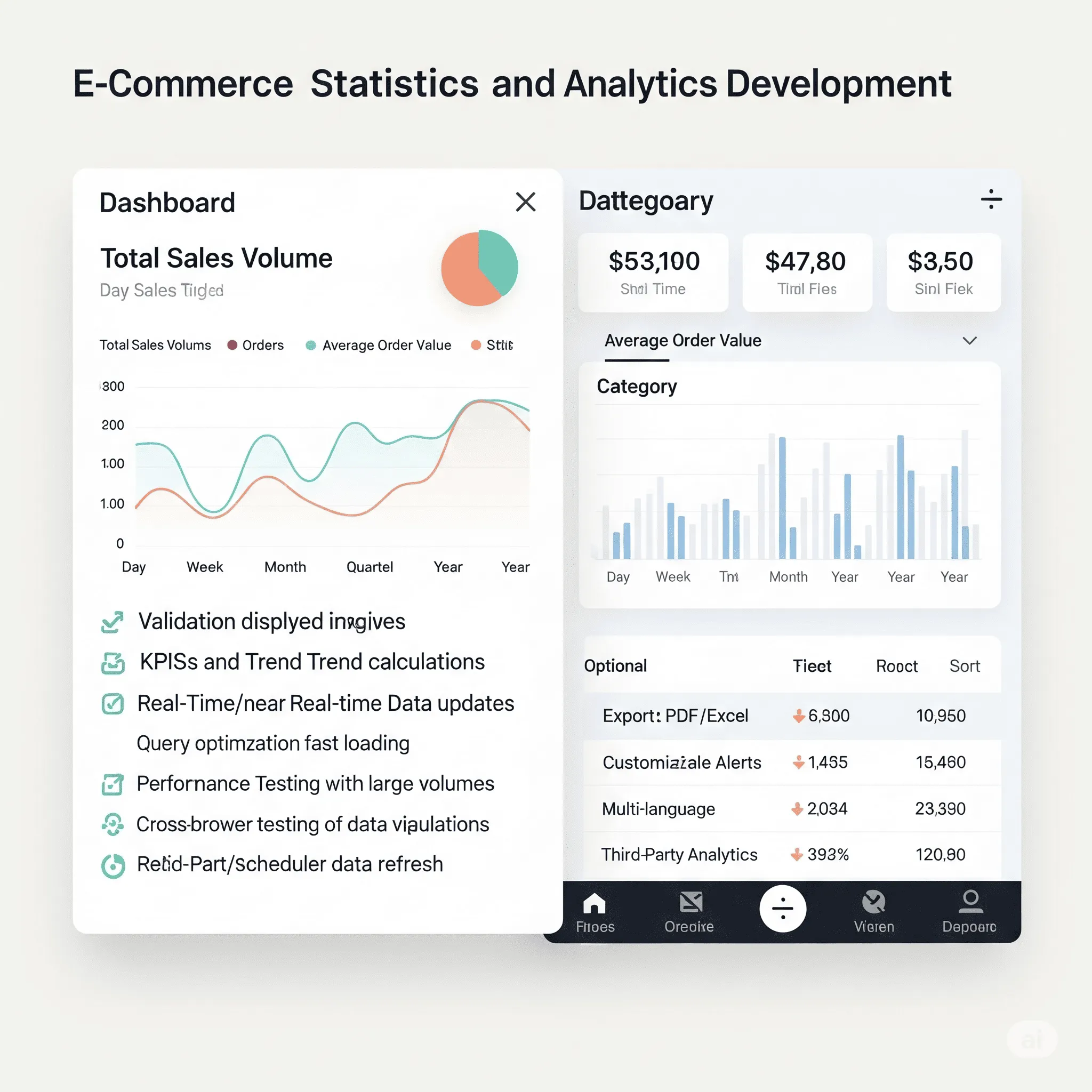 mobile preview of sales dashboard with toggleable filter panel for date range and product categories