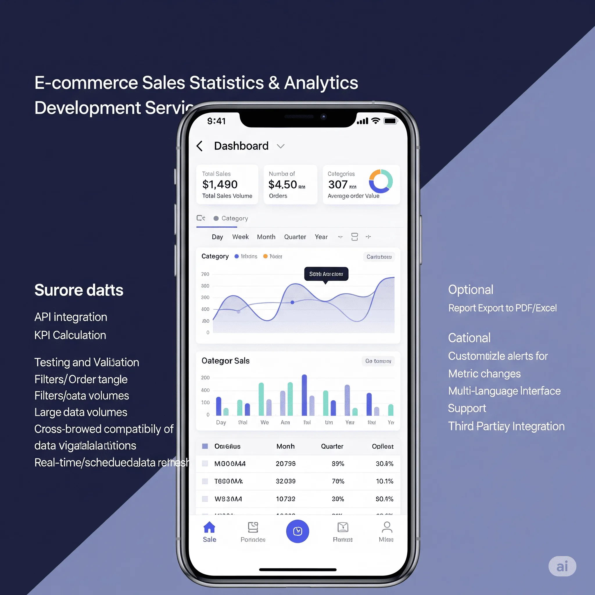 mobile version of analytics module showing responsive chart for weekly sales performance