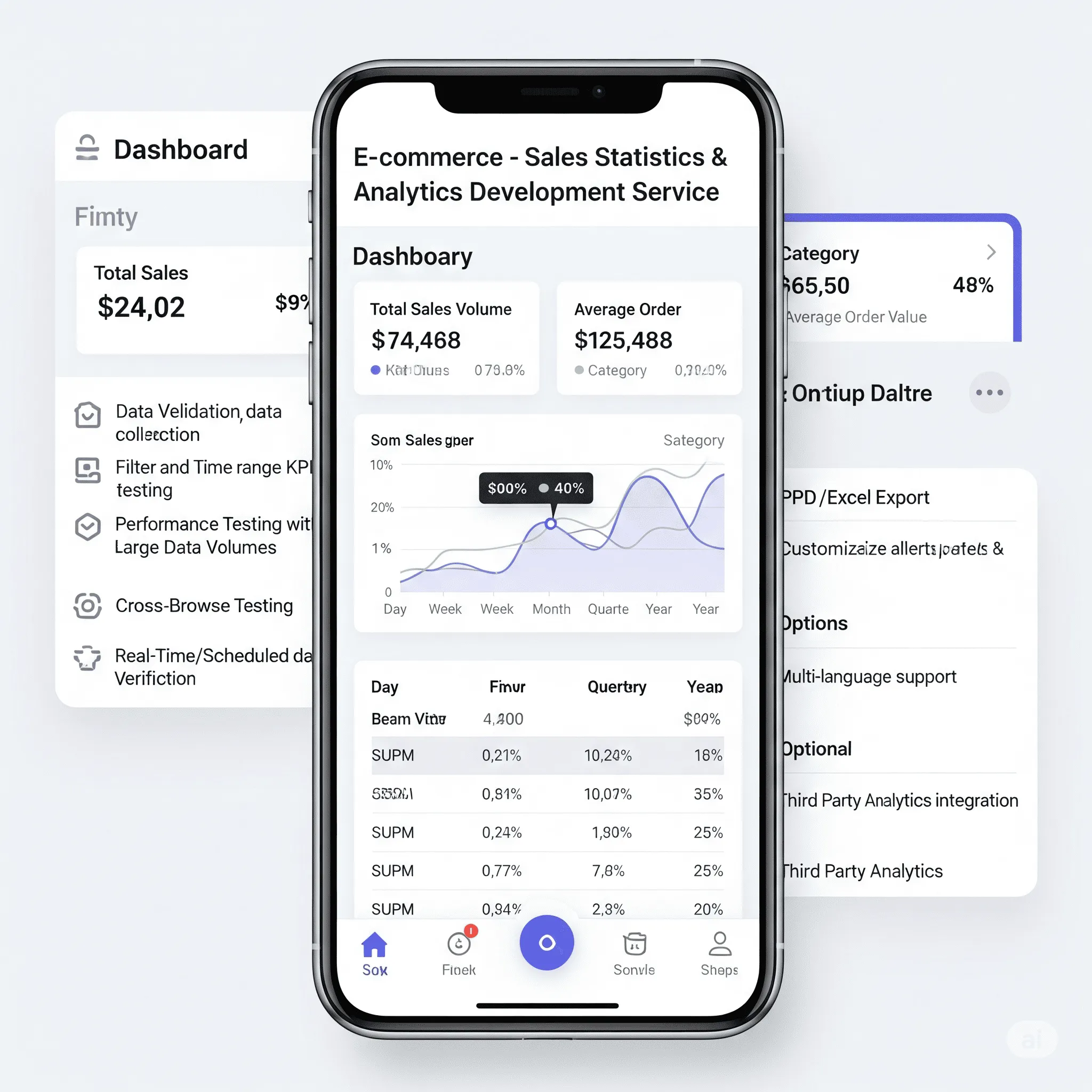 mobile view of analytics module displaying key KPIs such as revenue, orders, and conversion rate