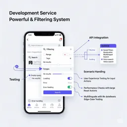 mobile screen displaying interactive search bar with real-time suggestions and recent keywords