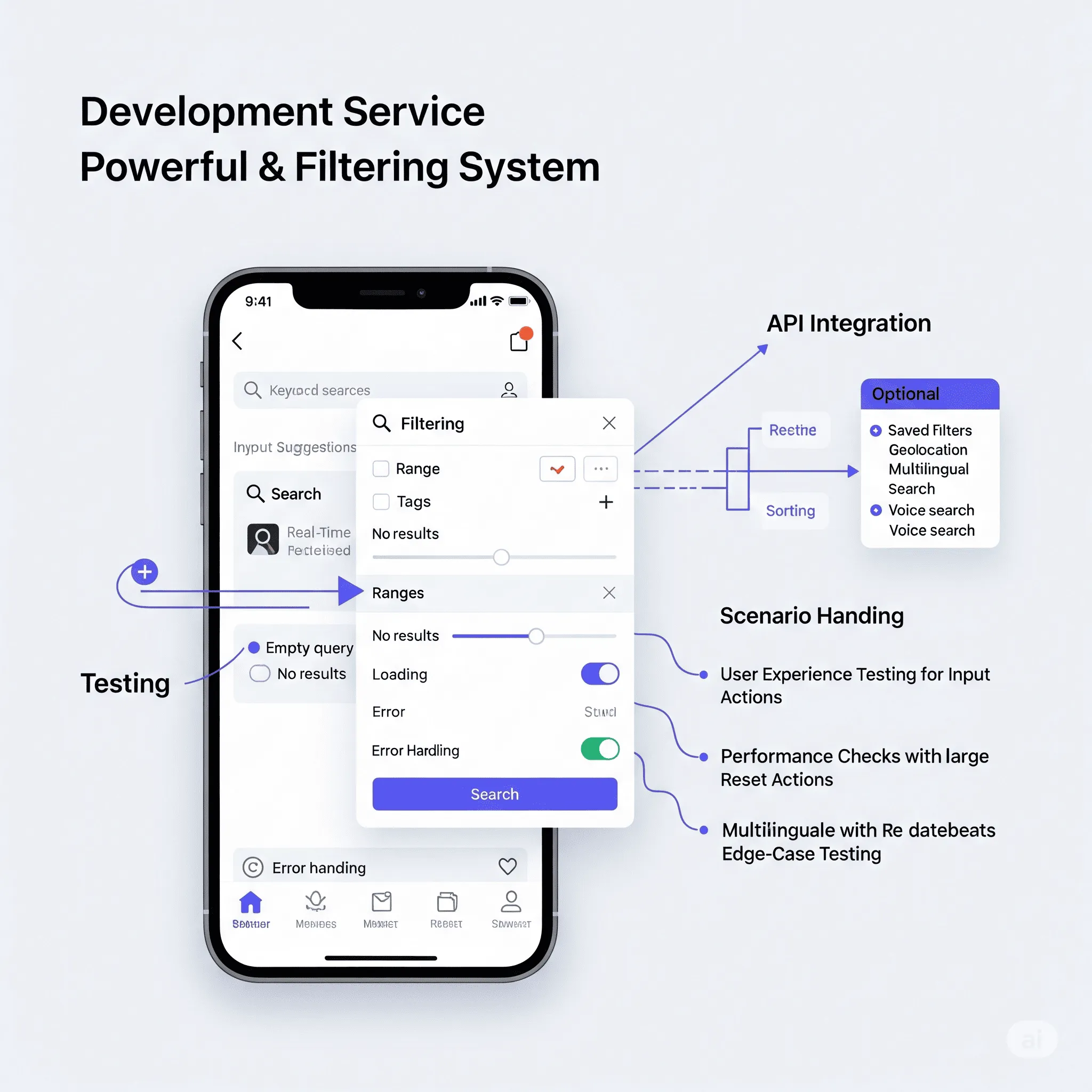 mobile screen displaying interactive search bar with real-time suggestions and recent keywords