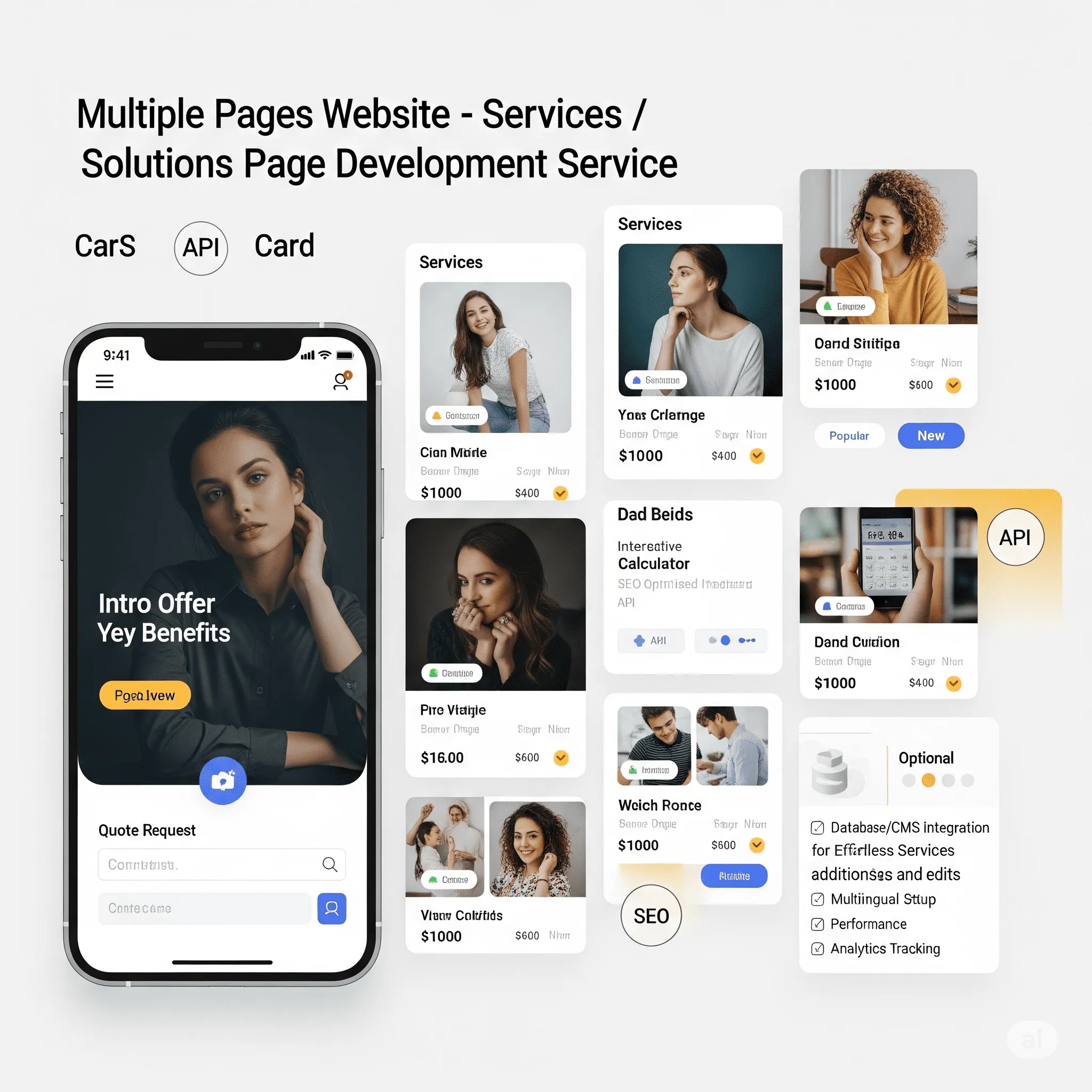 mobile version of services page with responsive service cards and touch-optimized tab filters