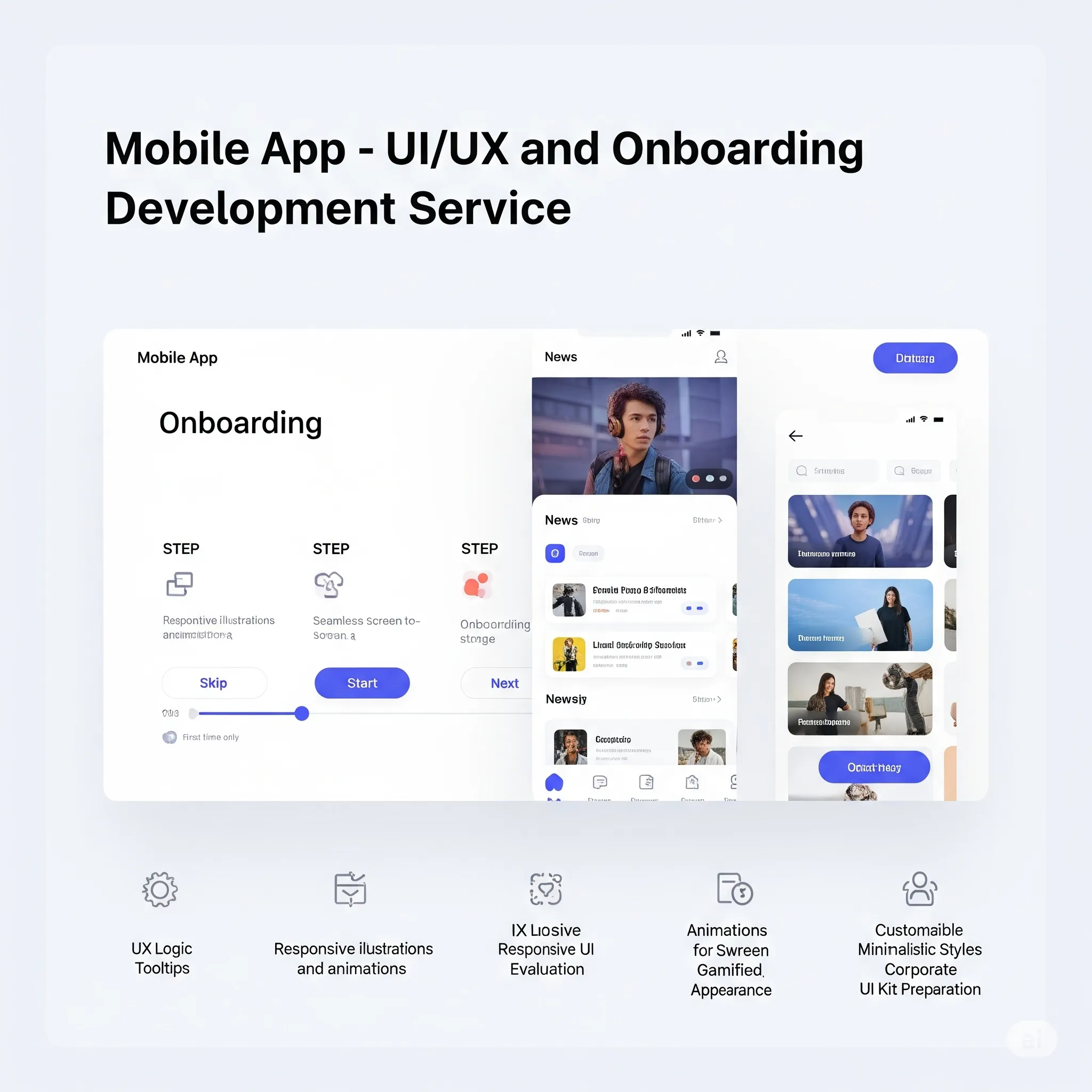 mobile wireframe showing navigation flow between onboarding, main screen, and key user actions