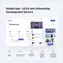 mobile wireframe showing navigation flow between onboarding, main screen, and key user actions