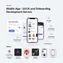 mobile preview of onboarding slider with illustrations, text steps, and skip/start buttons