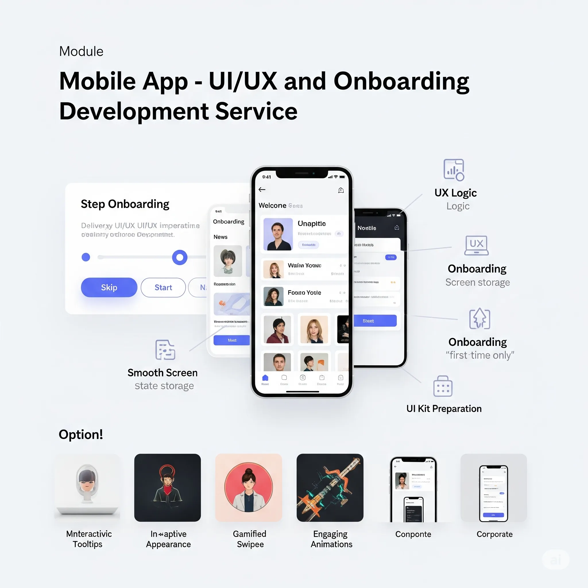 mobile preview of onboarding slider with illustrations, text steps, and skip/start buttons
