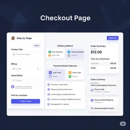 desktop preview of multi-step checkout page with contact input, delivery, and payment selection blocks
