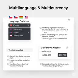 desktop preview of a language switcher with dropdown menu and country flags for multilingual support