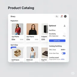 Desktop preview of responsive product catalog module with grid view and pagination