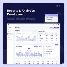 desktop preview of analytics dashboard showing key metrics, line charts, and summary widgets